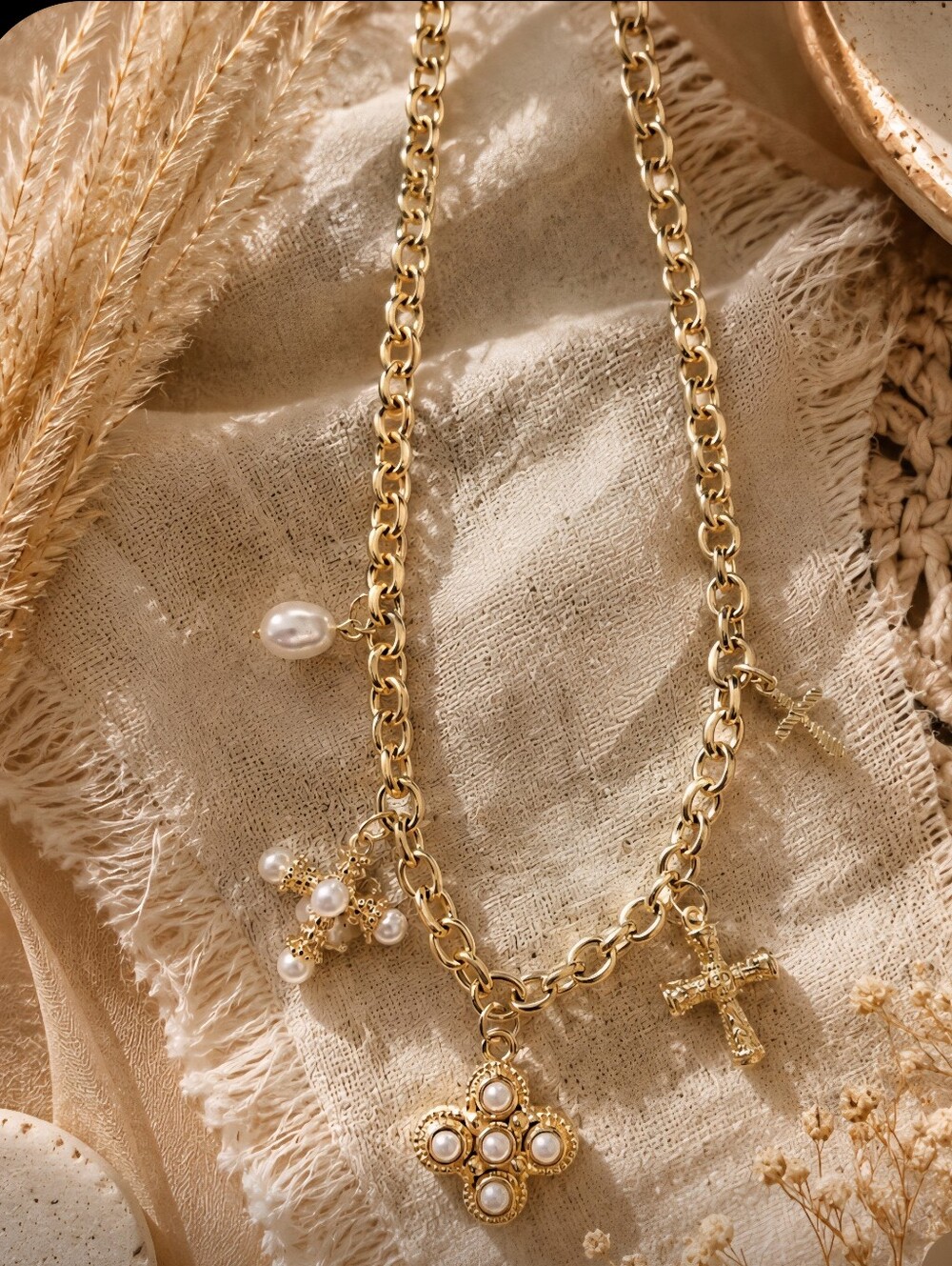 Gold Pearl Charm Cross Pendant Necklace - Women Jewelry
